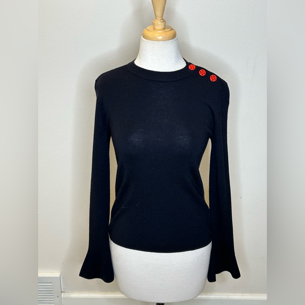 Tory Burch Navy Kimberly Sweater Flared Sleeve Button Shoulder XS